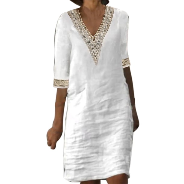 Vestido de mujer con cuello en V, costuras de encaje y manga media: vestido ligero y casual de verano con diseño clásico