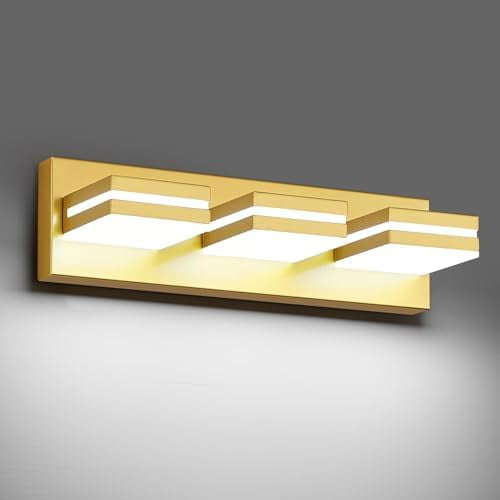 Modern LED Bathroom Lights Fixtures(3-Light),Metal Gold Acrylic Wall Lighting,Vanity Lights for Bathroom Over Mirror(6000k 16in)