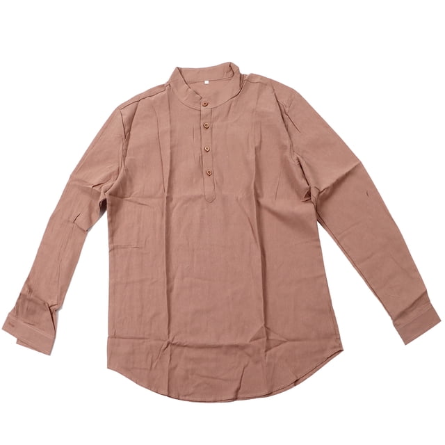 Men Long Sleeve Shirt Stand Collar Slim Fit Plain Color Button Front Shirt for Office Business Coffee Color XXXL