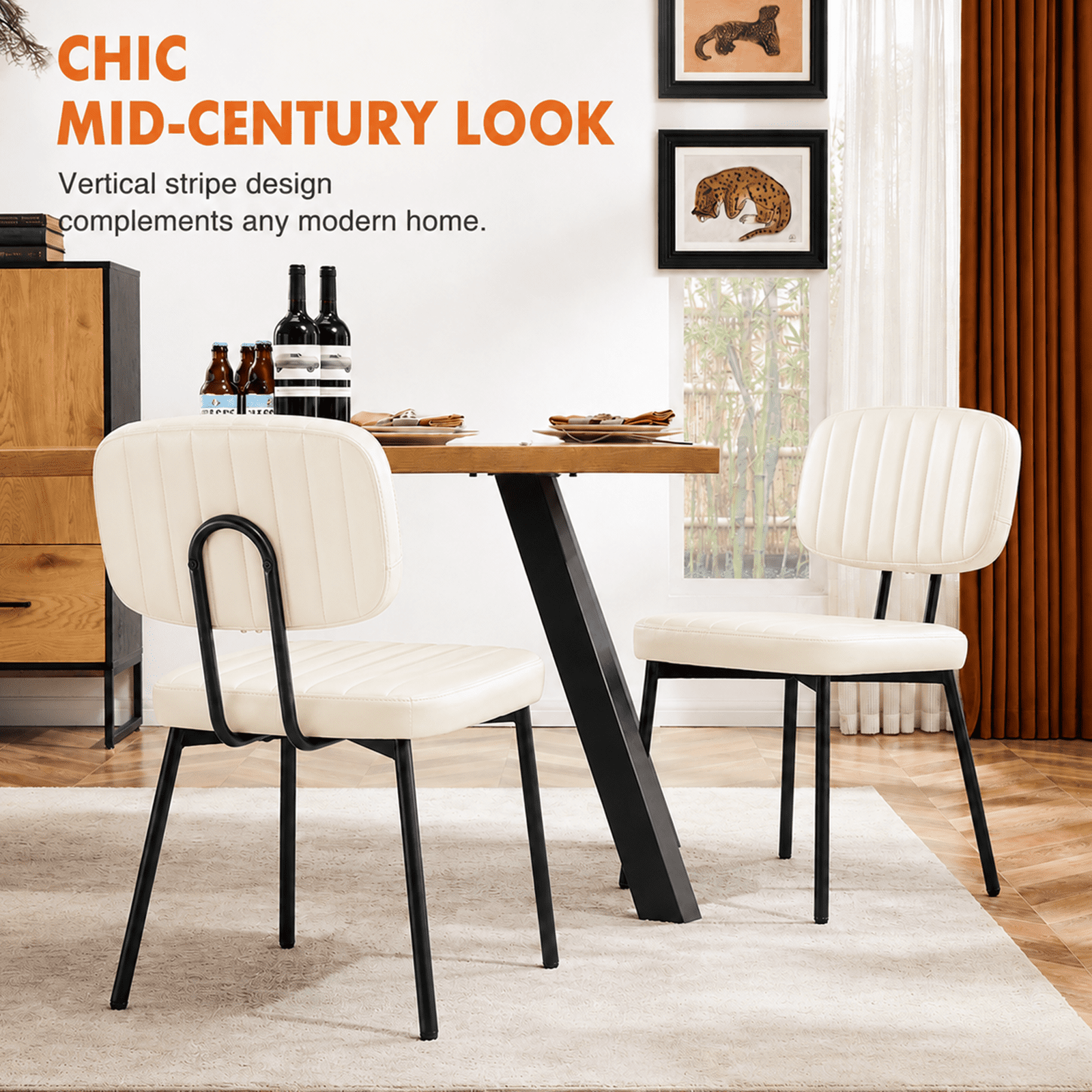 Alvantor Dining Chairs Set of 2, Mid-Century Modern Upholstered Kitchen Dining Room Accent Chairs with Faux Leather Cushion Seat for Kitchen Dining Room, Vertical Stripes