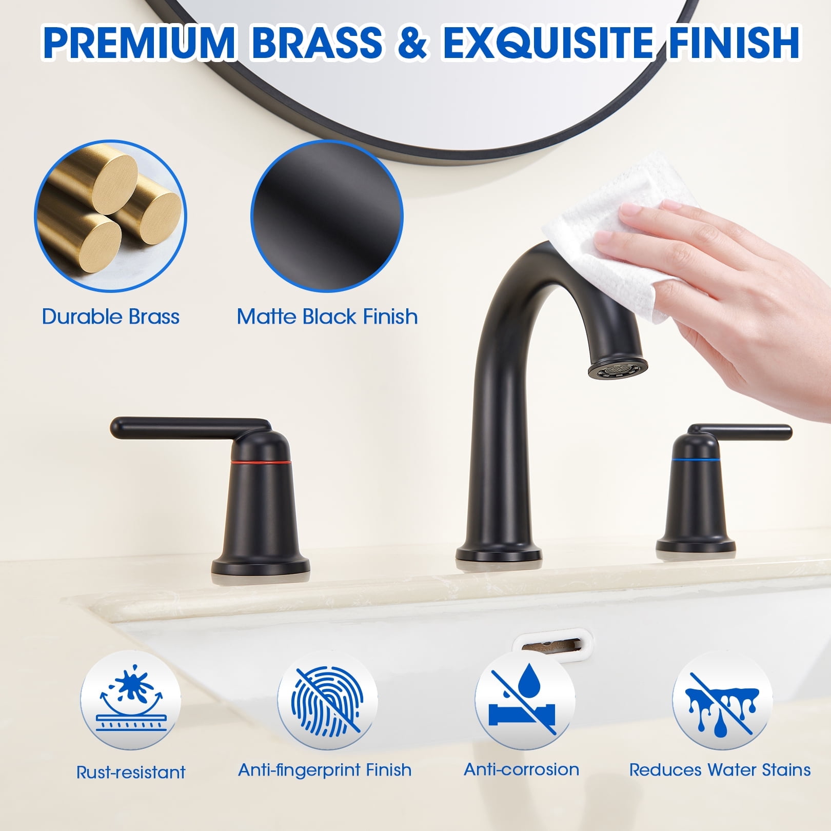 Wowkk Sanitary Ware Brass Bathroom Sink Faucet 2 Handles Widespread Bathroom Faucet 3 Hole, Pop-Up Drain and cUPC Supply Lines Included, Basin Faucets for Vanity Rv Restroom, Matte Black