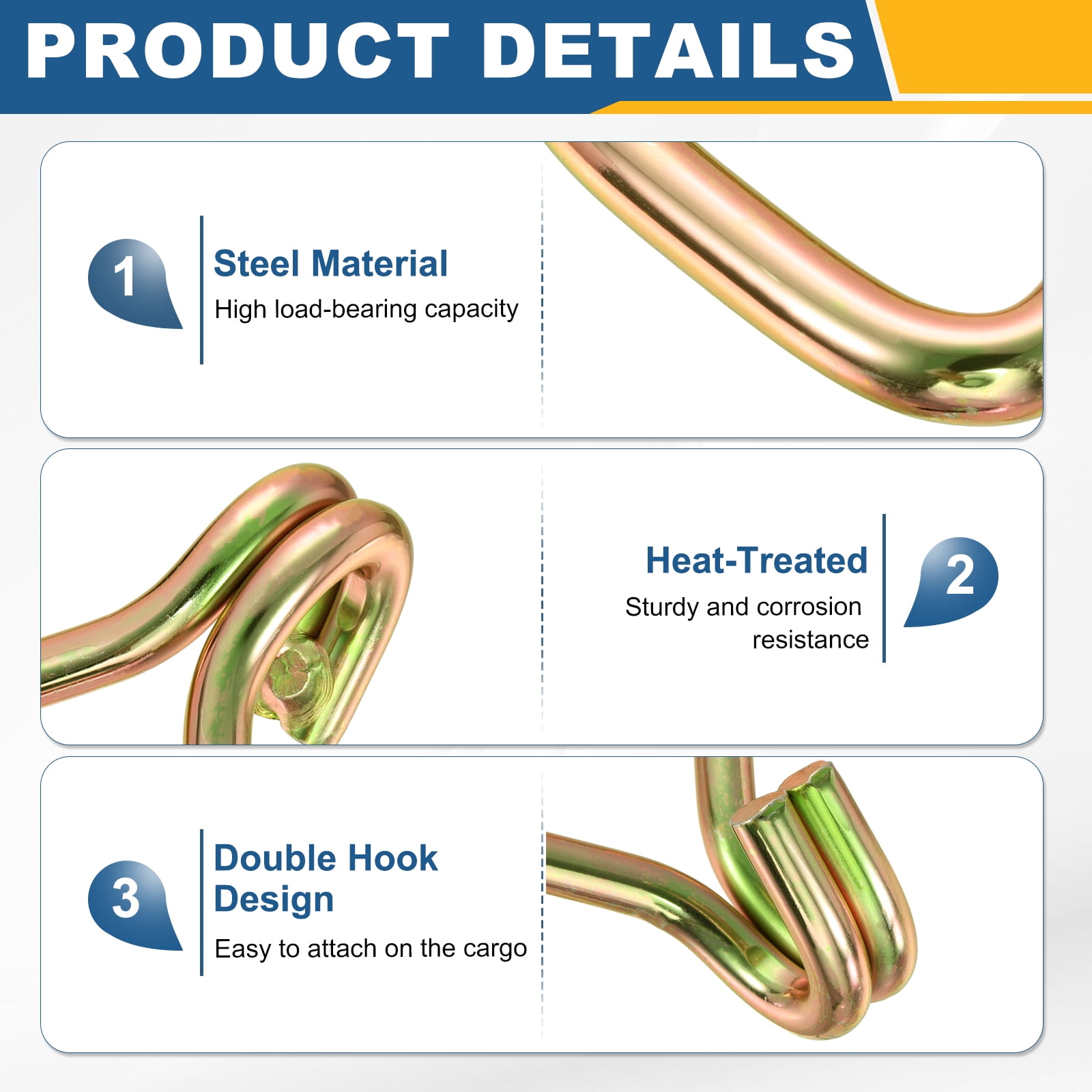 Uxcell 8Pcs Double J Hook, 9.5mm Dia 7716 lbs Ratchet Strap Tie Down Hook for 2" Tie Down Straps Wedding, Cars Trucks Trailers, Double Row Hooks Binder Accessories