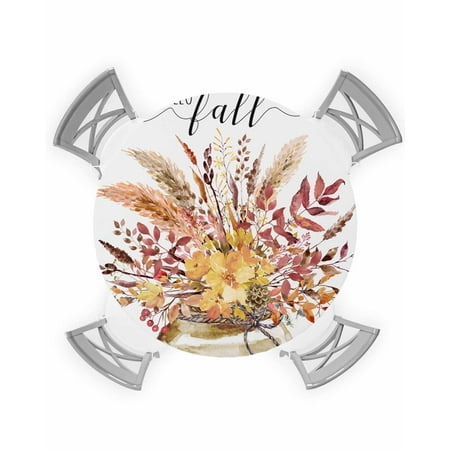 

Round Tablecloth with Elastic Hello Fall Flowers Reed Maple Leaves Bottle Waterproof Stain-proof Table Cover Wipeable Fitted Table Cloths for 45 -54 Round Tables Dining Kitchen
