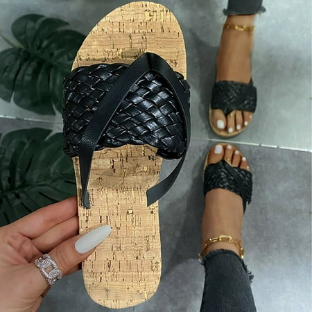 

KKCXFJX slippers for women Women s Casual Holiday Woven Flat Thong Faux Wood Grain Sandals Slippers