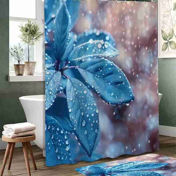 70x70 inch Blue Leaves with Water Drops Shower Curtain, Waterproof Polyester Fabric with Hooks for Bathroom Decor