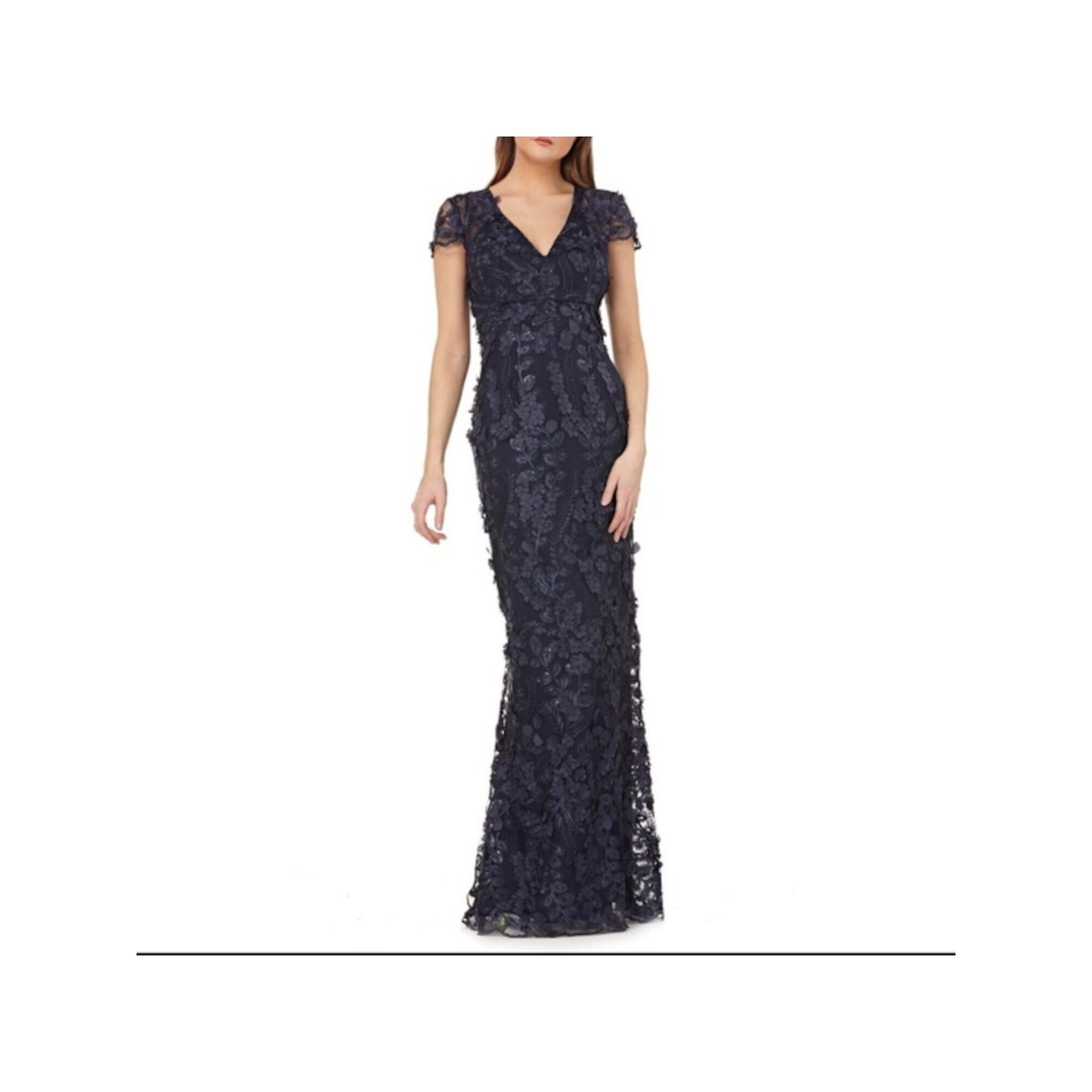 CARMEN MARC VALVO Womens Navy Embellished Floral Cap Sleeve V Neck Full Length Formal Mermaid Dress 4