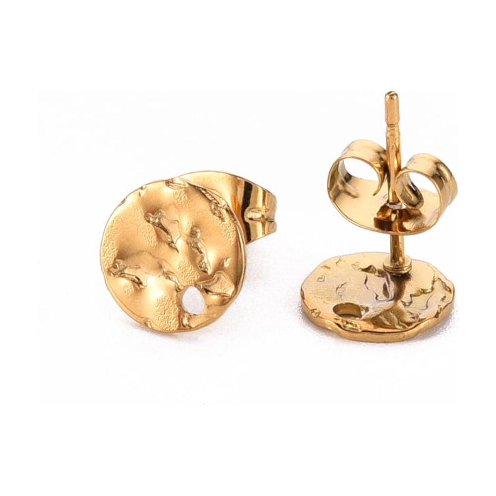 100 pc 304 Stainless Steel Stud Earring Findings with Earring Backs Flat Round Real 18K Gold Plated 8mm Hole: 1.5mm Pin: 0.8mmDIY