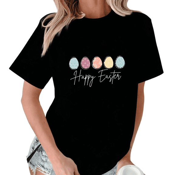 Black Playful Happy Easter Colorful Eggs Print T-Shirt Graphic Tees Shirts Easter Lover Kawaii S-5XL Tops