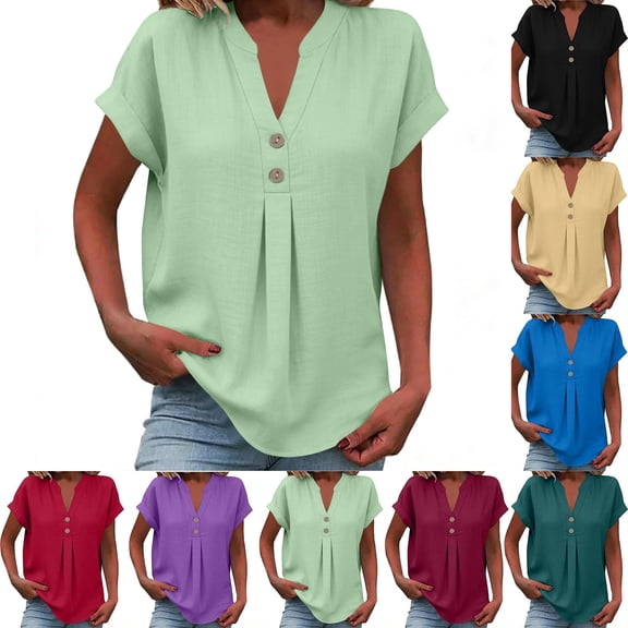 Linen Shirts for Women Casual V Neck Button Down Blouses Short Sleeve Office Work Tops Loose Vacation Tees Shirt Light Green M