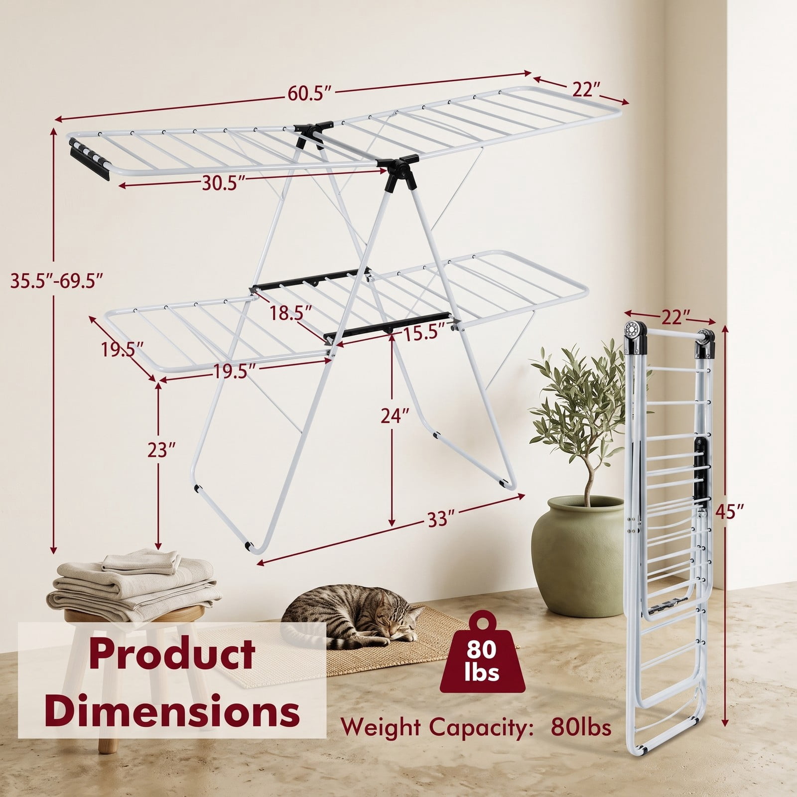 Fenbeli 2-Tier Foldable Clothes Drying Rack, Collapsible Steel Laundry Drying Rack with Adjustable Gullwing Wings for Indoor Outdoor Balcony, Space-Saving, White Black