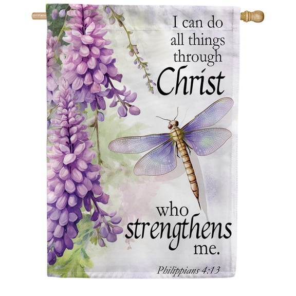 America Forever All Things Through Christ House Flag, 28 x 40 inch Double Sided, Religious Banner, Dragonfly Wisteria Philippians 4:13 Watercolor Outdoor Decor, Christian Yard Flag