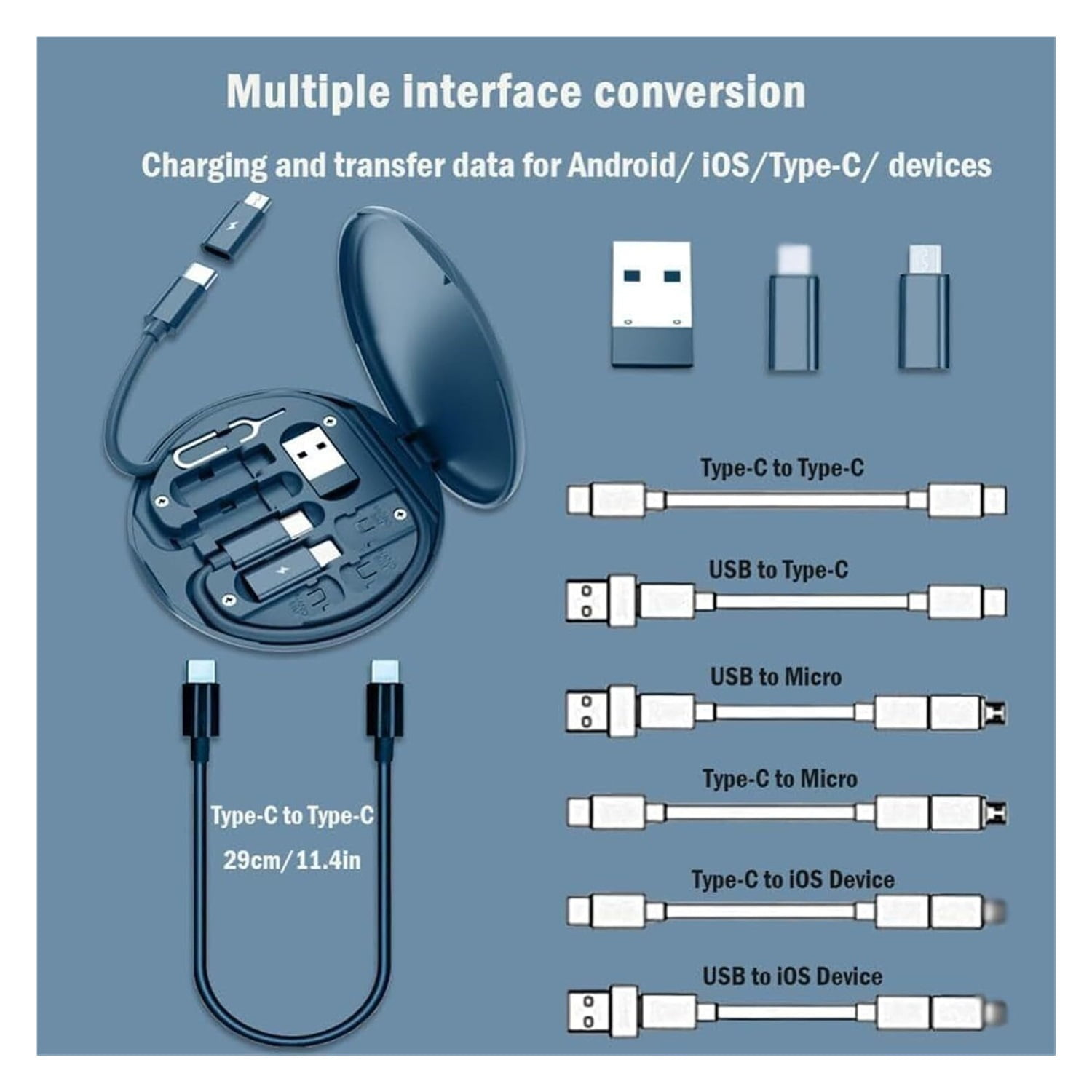 9 in 1 Cable Case, 9 in 1 Cable Charger Case, Charger Adapter Kit, 60w Fast Charge USB Type-C Micro Cable, USB Adapter Cable Conversion Storage Box, Use as Phone Holder