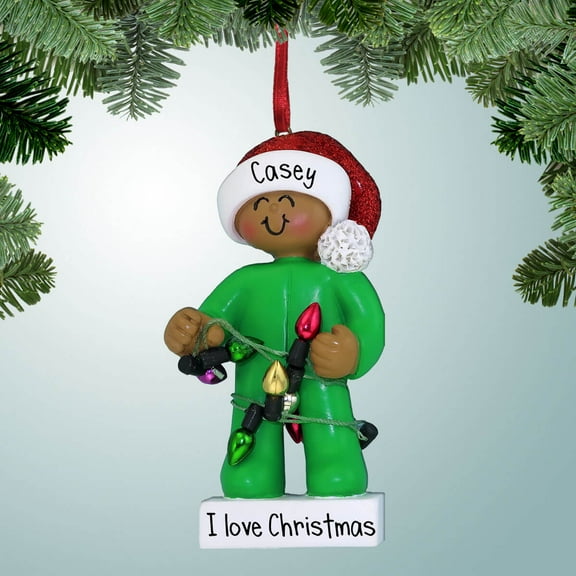 Young Child Wrapped in Lights - Dark Skin - Personalized Christmas Ornament - Decorating the Tree - Great Gift Ideas