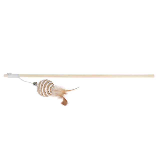 Juguete interactivo de madera para gatos con forma de vara y bola redonda y plumas.