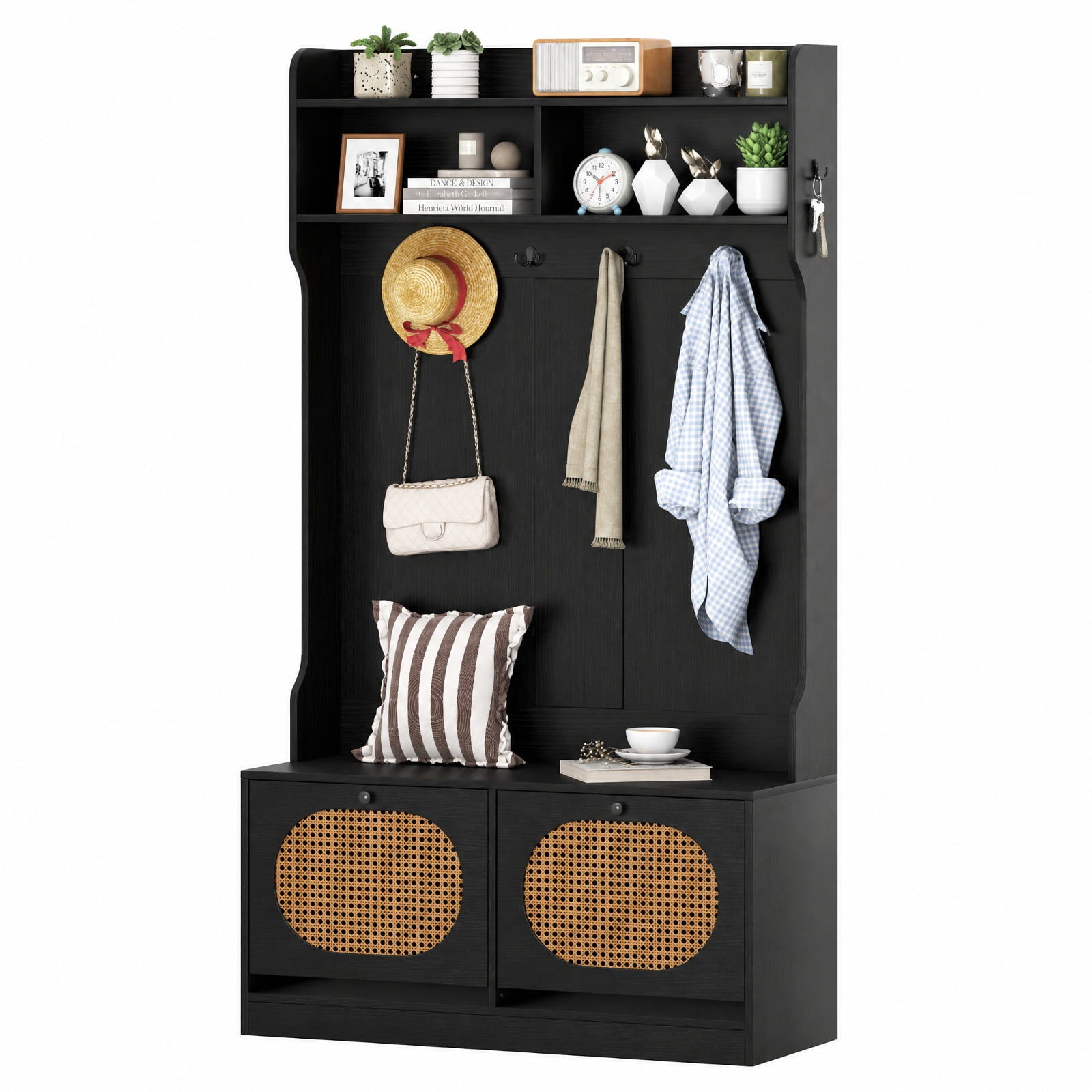 Furnibear 4 in 1 Entryway Hall Tree with Coat Rack and Flip Drawers and Storage Bench for Mudroom and Foyer and Hallway, Black