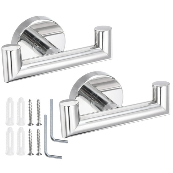 2pcs Double Towel Hook, Stainless Steel Coat Hook, Wall Mount Robe Hooks Hand Towel Hanger Bright Silver