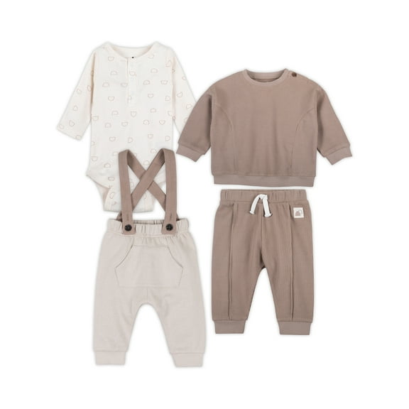 Little Star Organic Baby Boy 4Pc Long Sleeve Outfit Set, Eggnog, Size 0-3 Months