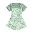 thumbnail image 2 of Musuos Kid Girl Summer Outfit 12 18 24M 3 4 5T Solid Color Ribbed Short Sleeve Crew Neck T-Shirt with Daisy Print Overall Shorts Set, 2 of 10