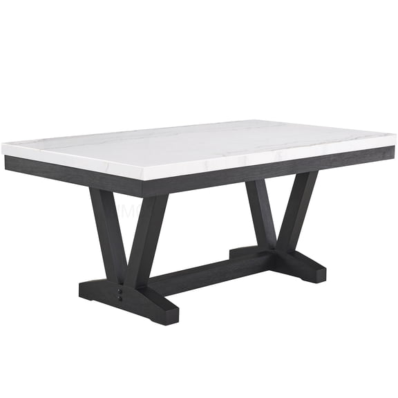 Modern Farmhouse Dining Table, White Genuine Marble Top and Black Wood Trestle Base, Rectangular Table for 6 Seats