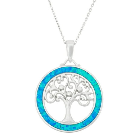 Beaux Bijoux Sterling Silver Tree of Life Created Blue Opal Circle Pendant with 18 Chain