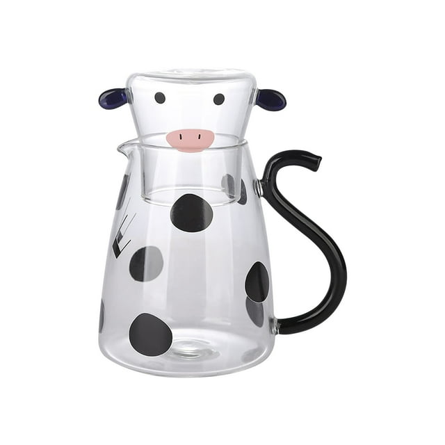 Jarra de Agua de Vidrio con Taza, Jarrita Pequeña para Leche, Agua, Té, Limonada, Jugo, Botella de Bebidas de Vidrio Borosilicato con Diseño de Patrón de Vaca para Hogar, Oficina (550ml)
