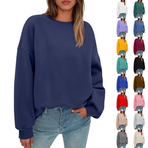 HAJWOH Crew Neck Sweatshirts Women Fall Oversized Crewneck Sweatshirt Vintage Fleece Pullover Loose Fit Cute Y2K Hoodie
