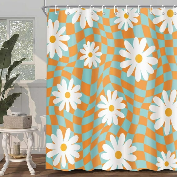 Retro Flower Checkered Abstract Shower Curtain 70s Colorful Geometric Modern Groovy Simple Aesthetic Home Bathroom Decor Waterproof Fabric with Plastic 12PCS Hooks 36"W x 72"L (Pack of 1)