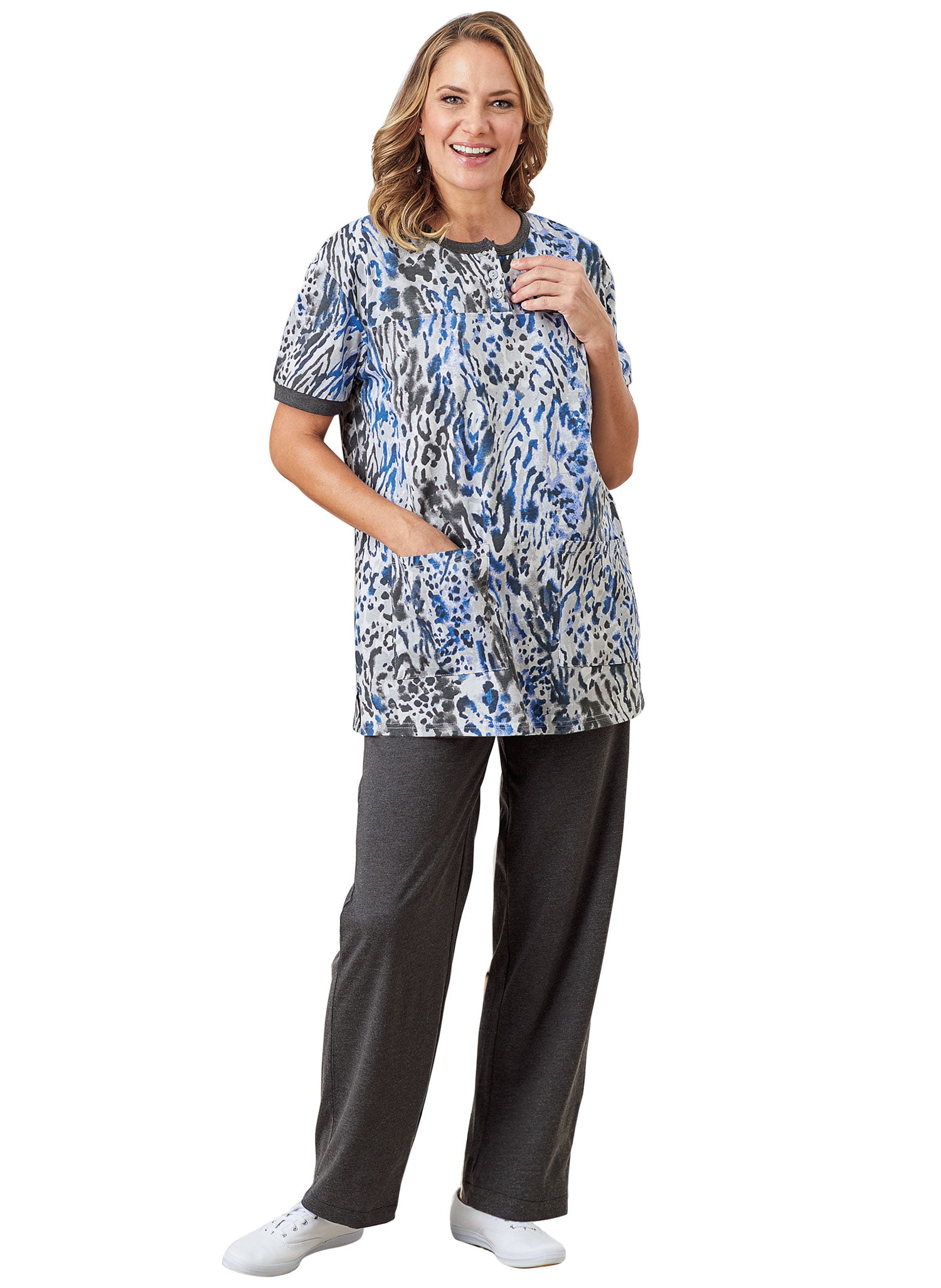 AmeriMark Womens Henley Pant Set Short Sleeve Top with Pocket & Pull-On Pants 