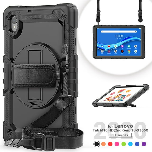 Dteck Lenovo Tab M10 HD (2nd Gen) 10.1 Inch 2020 Case TB-X306F/TB-X306X 10.1" Case with Built-in Screen Protector, Shockproof Rotatable Kickstand Cover Hand Strap and Shoulder Strap,Black