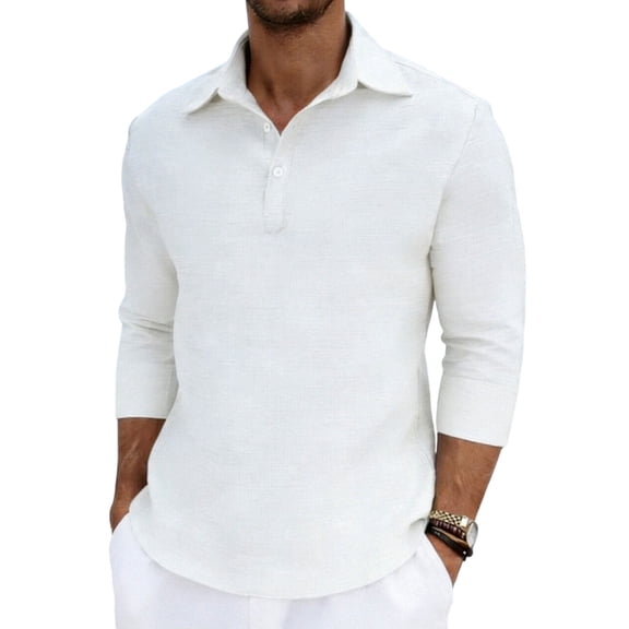Hurxie Men's 3/4 Sleeve Shirts Casual Crewneck Button Henley Athletic Fashion Tops White,S