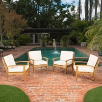 Noble House Aletta Outdoor Teak Finish Wooden Club Chairs with Cushions, Beige Set of 4