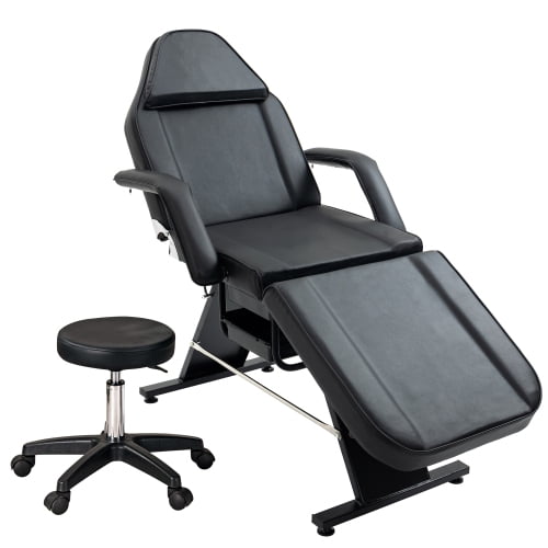 Adjustable 3-Section Massage Tattoo Facial Bed with Dual Trays & Hydraulic Stool, Commercial Salon Spa Barber Beauty Equipment, Sleek Black