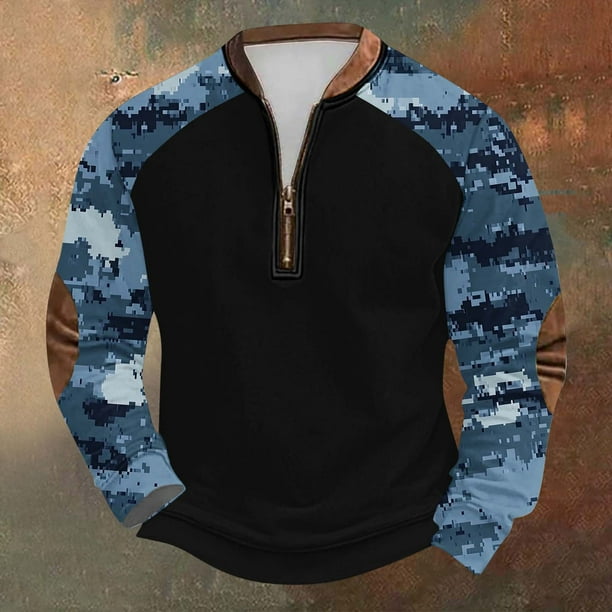 Blusas y camisas de manga larga con cuello redondo para hombre, talla grande, media cremallera, cuello redondo, estampado vintage de camuflaje, blusa de poliéster de manga larga para hombre