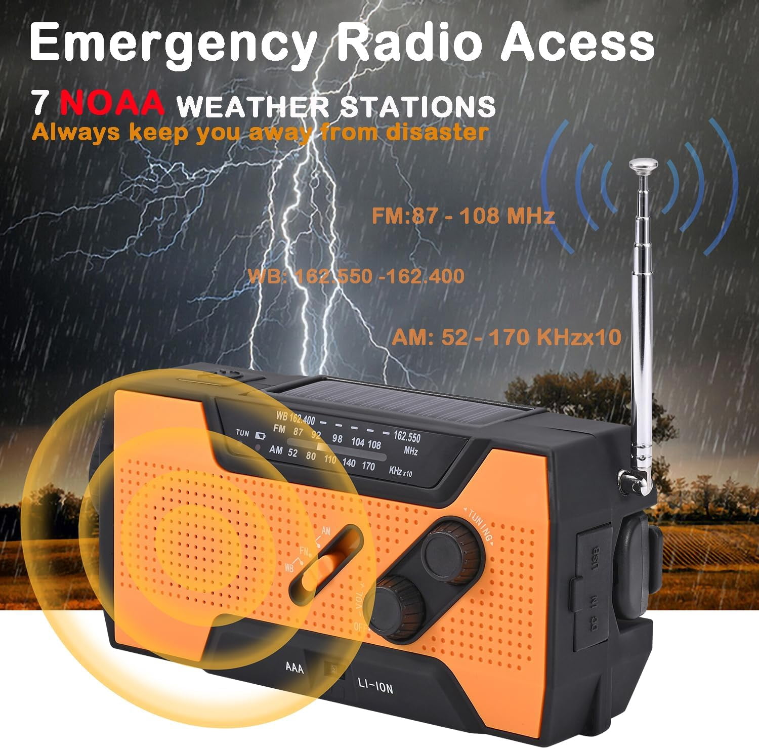 Emergency Weather Radio, 5000mAh Solar Hand Crank USB Charging Portable AM/FM/NOAA Radio, SOS Alarm & Flashlight for Indoor/Outdoor Emergencies