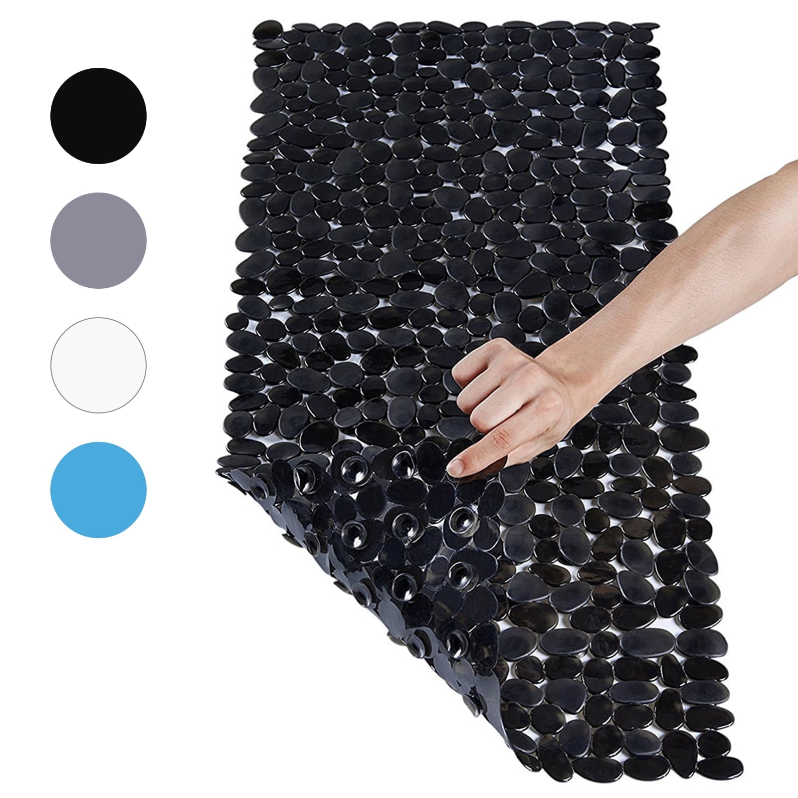 Semfri Pebble Bath Tub Shower Mat 35 x 16 inch Non Slip Bathtub Mat for Bathroom Showers with Drain Holes and Suction Cups Black