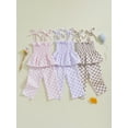 thumbnail image 3 of Toddler Kids Little Girl Checkered Outfit, 6 9 12 18 24 Months 2T 3T 4T 5T Tie Shoulder Shirred Babydoll Tops Elastic Waist Long Pants 2 Pcs Summer Clothing Set, 3 of 9
