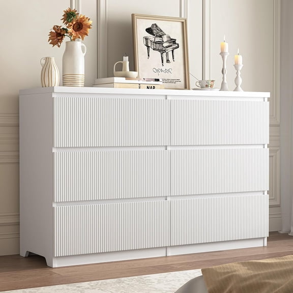 YWEN Fluted White Dresser for Bedroom, Modern Large 6 Drawer Dresser with Deep Drawer,Wood Chest of Drawer,Bedroom Storage Organizer Furniture for Closet