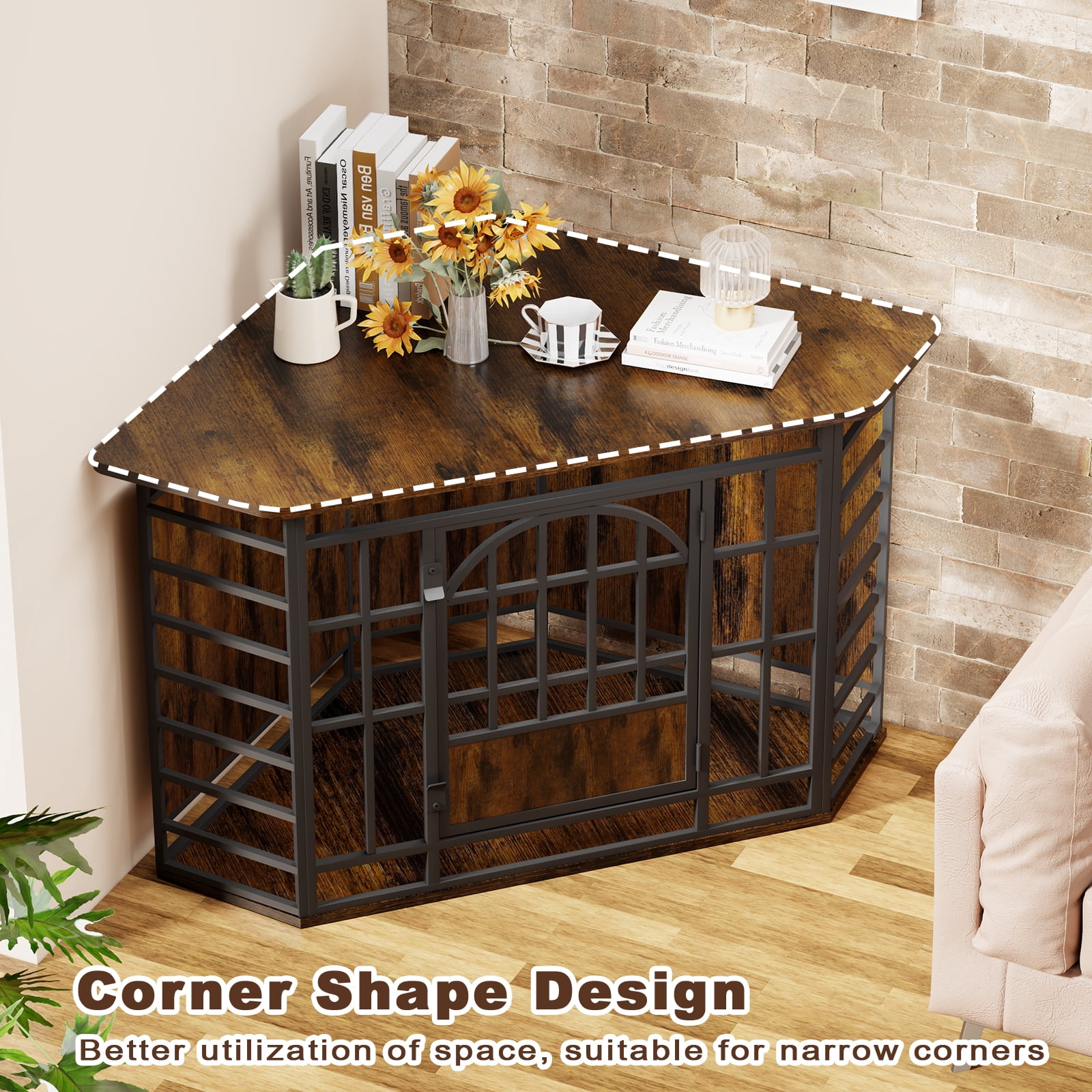 Fowroa 52 Inch Wooden Corner Dog Crate Furniture, Indoor Decorative Dog Kennel for Medium & Large Dogs, Brown