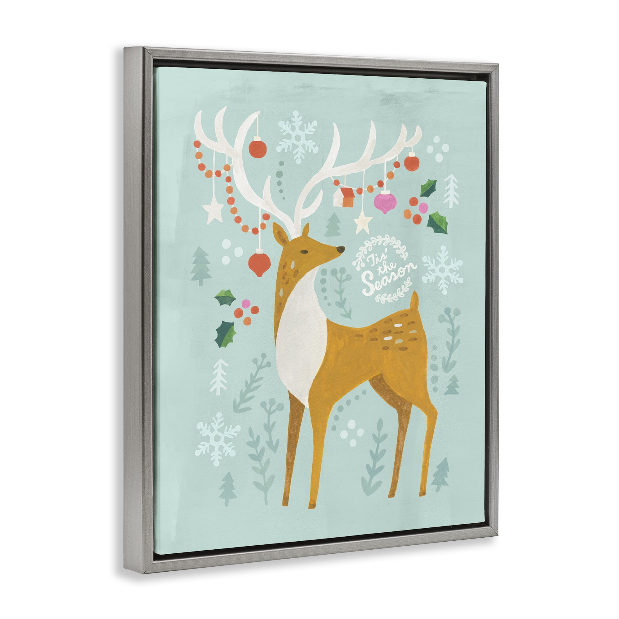 Stupell Industries Tis The Season Reindeer Holiday Painting Gray Floater Framed Canvas Art Prints Wall Art, 25 x 31