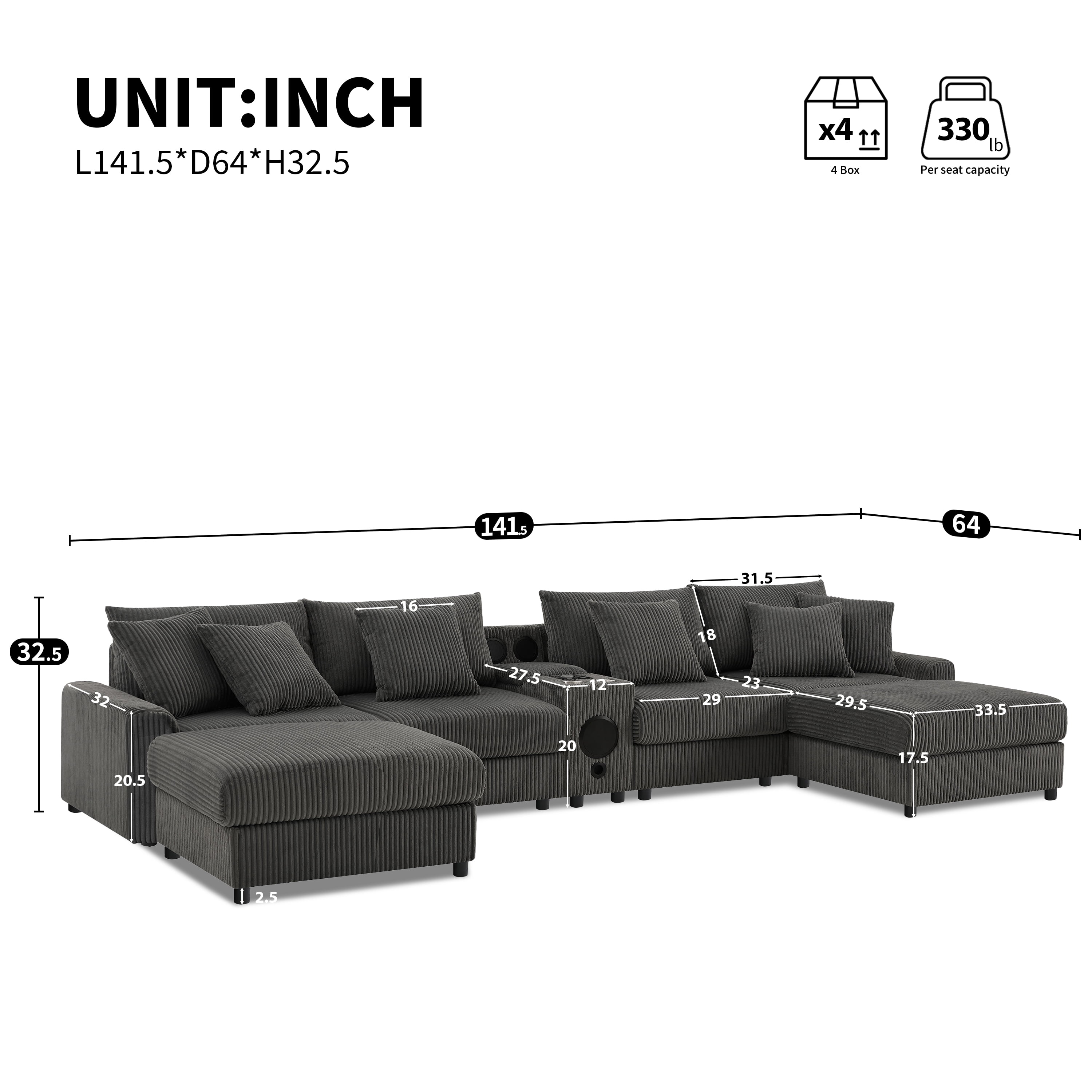 AISWORD 112" U Shaped Sectional Couch with Bluetooth Speakers, USB Charger, Console with Cup Holders & Corduroy Chaise, Dark Grey