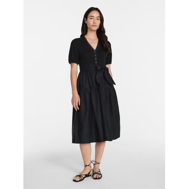 Time and Tru Women's Mixed Media Midi Dress with Puff Sleeves, Sizes XS-XXXL
