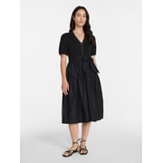 Time and Tru Women's Mixed Media Midi Dress with Puff Sleeves, Sizes XS-XXXL