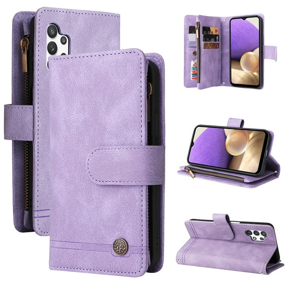 Allytech Wallet Case for Samsung Galaxy A32 5G 6.5-inch Phone (Not fit A32 4G) - Folio Flip Cover Kickstand Multiple Cards Holders Cash Pocket Zipper Wallet Case with Hand Wrist Shoulder Strap -Purple