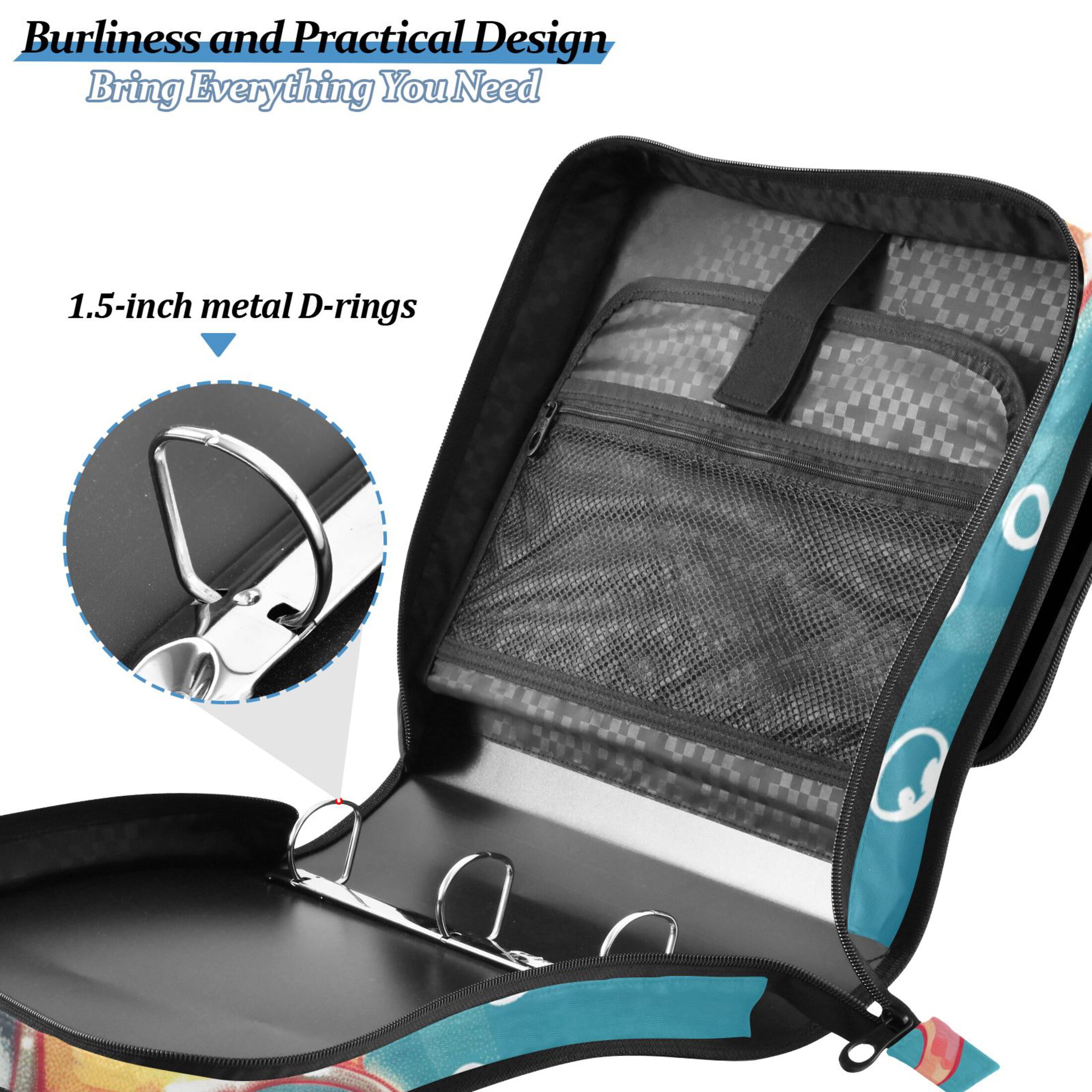 3 Ring Zipper Binder with Shoulder Strap Waterproof Trapper Keeper 2 Inch D-Ring 500 Sheets Capacity Hello Summer Fish
