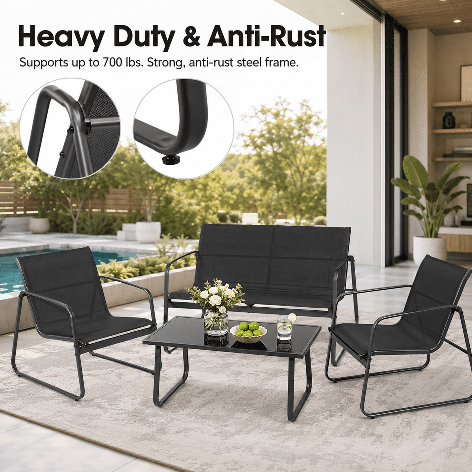 Alvantor 4-Piece Patio Conversation Set with Glass Table, Loveseat, and Chairs