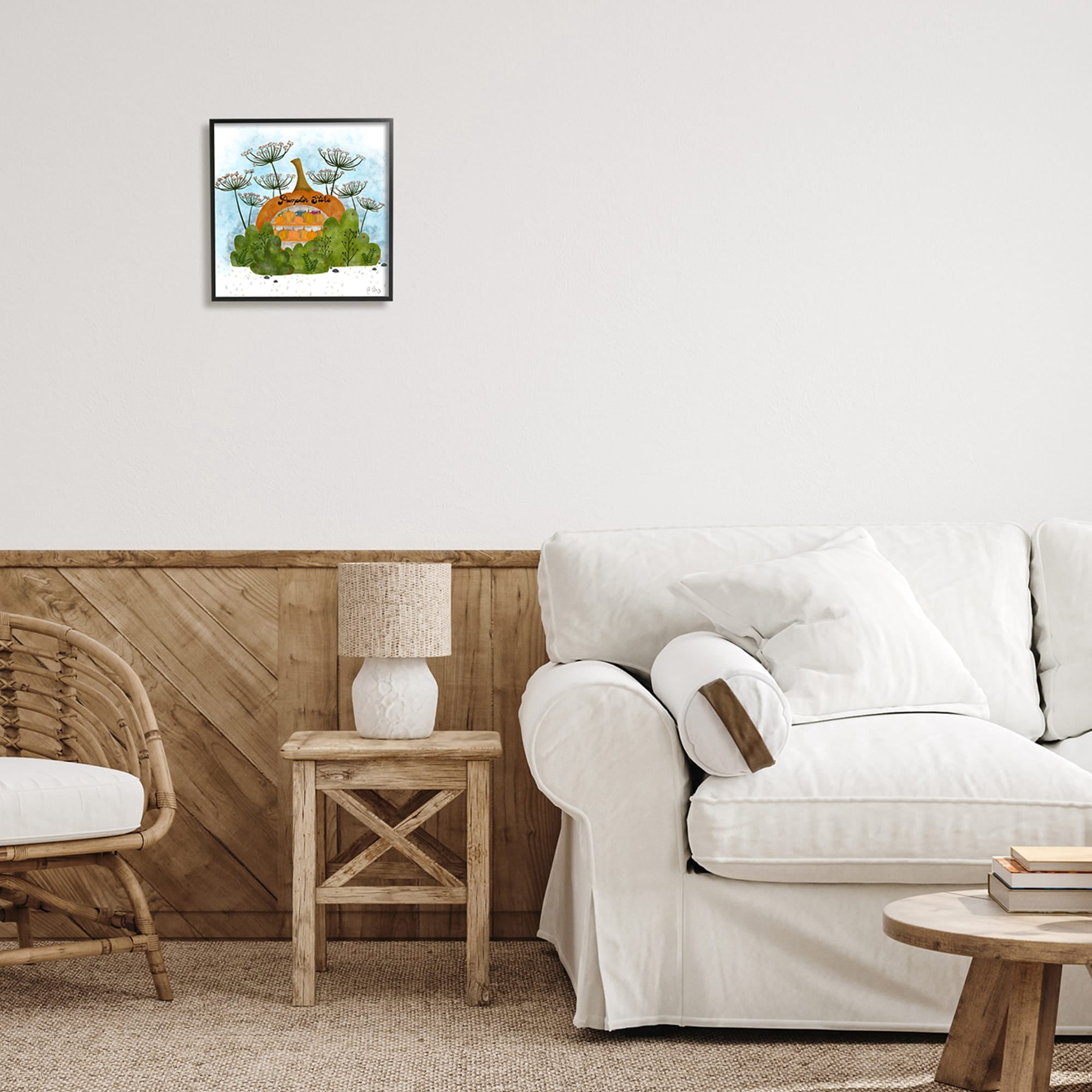 Pumpkin Store Beneath Dandelions Whimsical Autumn Scenery Botanical & Floral Graphic Art Framed Art Print Wall Art