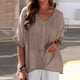 thumbnail image 4 of Blusa de manga corta con cuello en V de algodón y lino para mujer - Top informal holgado - Cierre con botones y mangas enrollables para primavera/otoño, 4 of 7