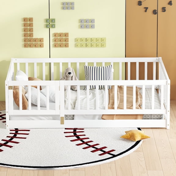 Twin Size Floor Bed with Slats, Montessori Floor Bed with Fence and Door, Kids Montessori Bed Twin Size, Wood Montessori Floor Bed for Kids, Girls, Boys(Twin White)