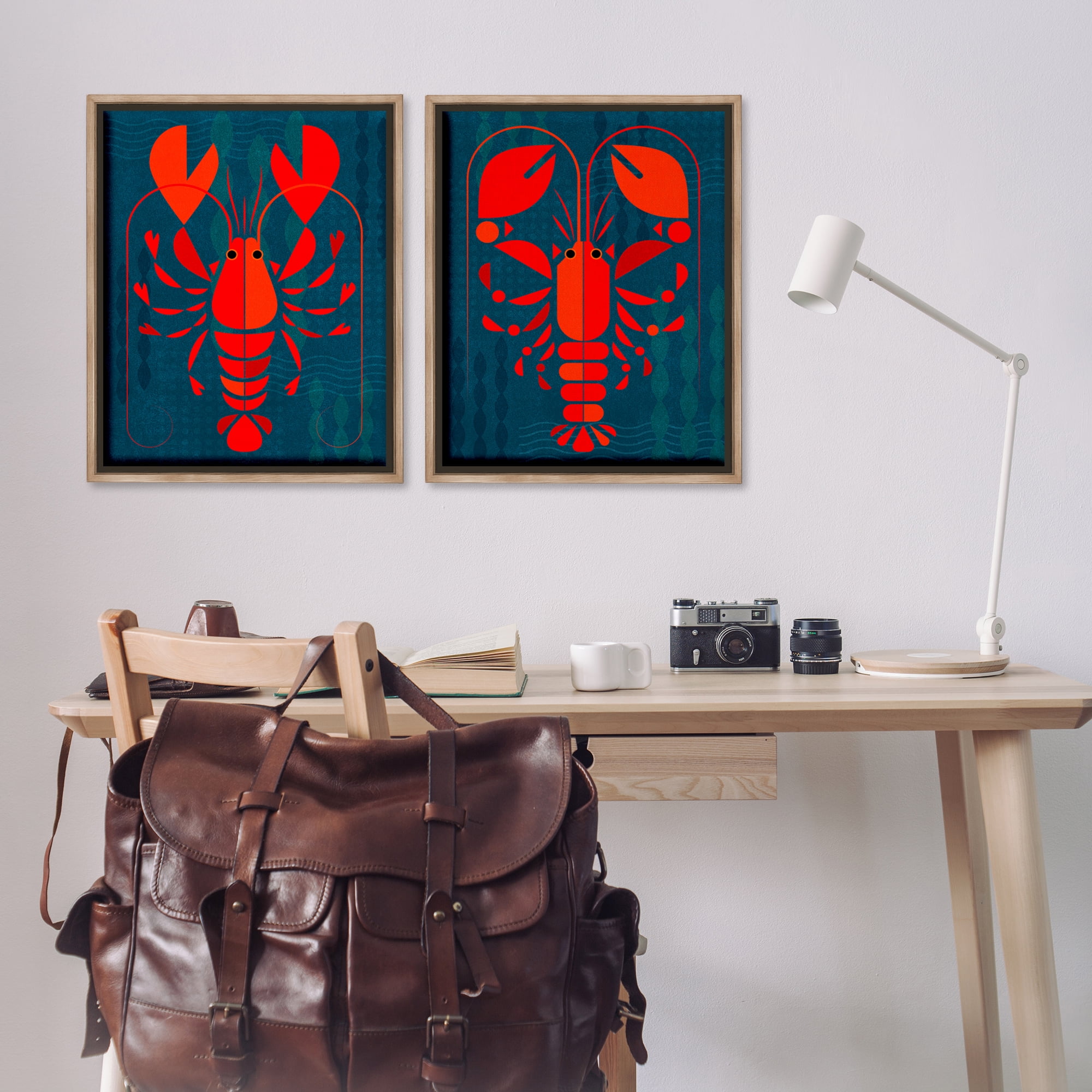 Stupell Industries Bold Red Lobsters Nautical & Beach Painting Brown Floater Framed Canvas Art Print Wall Art, 31 x 25, Set of 2