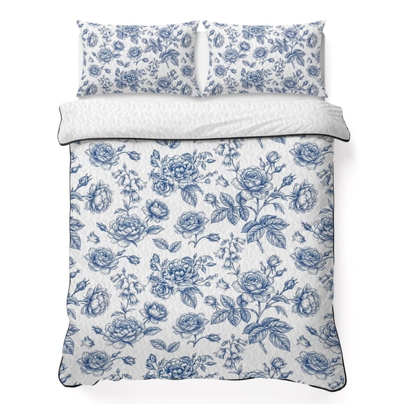 Quilts Queen Size Bedding Set, Navy Blue Rose Lightweight Quilted Comforter, Rustic Vintage Botanical Floral Watercolor Soft Reversible Bedspread Coverlet with Pillow Covers for All Season, 90" x 96"